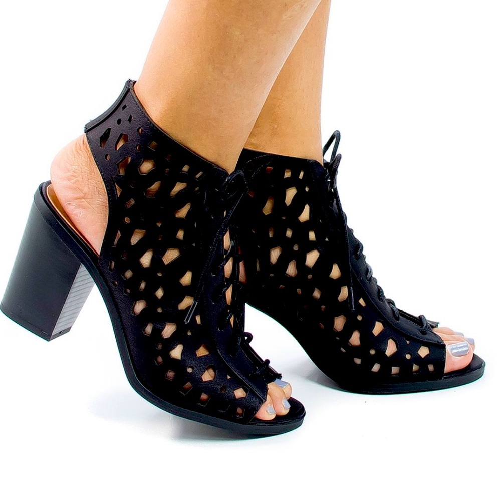 Soda Black Laser Cut Block Heel